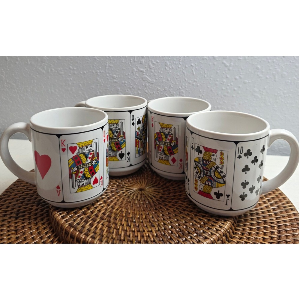 Vintage‎ Playing Cards Coffee Mug Set of 4 Poker King Queen Jack Ace Ceramic
